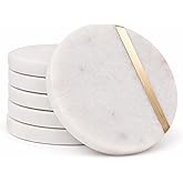 KC KULLICRAFT White Marble Drink Coasters with Gold Brass Inlay, Set of 6 – Handcrafted from Real Solid Marble, 4 Inch Round Coasters for Drinks.