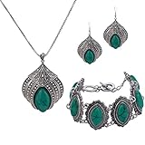 YAZILIND Jewelry Sets Silver Plated Retro Green Synthesis-Turquoise Flower Pendant Necklace Drop Earrings Bracelet