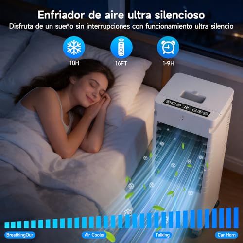 Aire Acondicionado Portátil, Enfriador de Aire por Evaporación con Ventilador de 20W, Depósito de 12L y Cristales de Hielo – 3 Modos, 12 Velocidades, Oscilación, Temporizador y Mando a Distancia