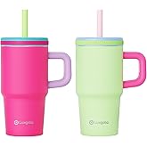 Luxgola Kids 20 oz Tumbler with Handle, Leak-Proof Screw-On Lid with Removable Silicone Straw, Spill Proof, Stainless Steel Insulated Water Bottle, Gift for Boys and Girls, Rose Red & Green Mix, 2Pcs