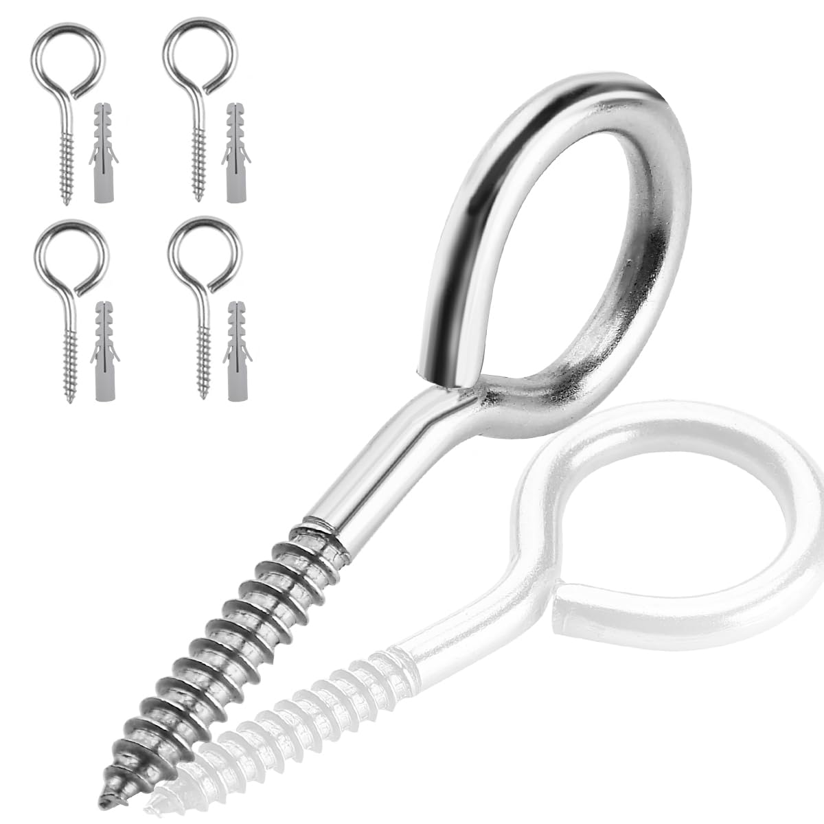 Garegce Stainless Steel Screw-in Hooks, 114 mm (4.48 in), Heavy Duty Metal Vine Eyes Hooks for Indoor & Outdoor, 4PCS