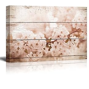 Romantic White Blossoms on a Branch - Rustic Floral Arrangements - Pastels Colorful Beautiful - Wood Grain Antique - Canvas Art Home Art - 12x18 inches