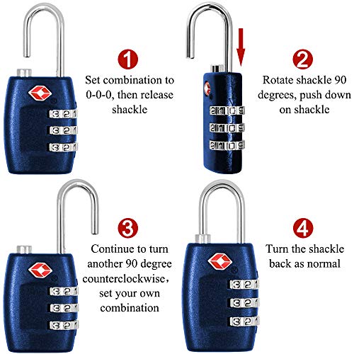 DanziX TSA Approved Lock and 4 Colors Stainless Steel Safety Tether,3-Dial Combination Travel Luggage Lock with Lanyard Security Cable for Protect Your Different Sizes of Suitcase,Baggage-Deep Blue