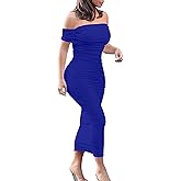 GOBLES Women's Ruched Off Shoulder Short Sleeve Bodycon Midi Elegant Cocktail Party Dress