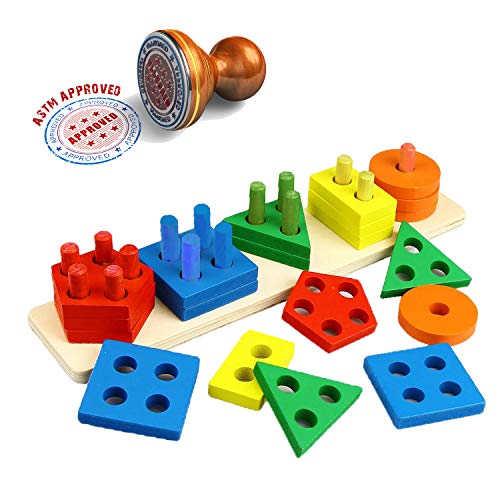 Wooden educational sorting and stacking toy - Learn color and shape recognition - puzzle blocks toy for toddlers - preschool Children game - Kids Montessori education
