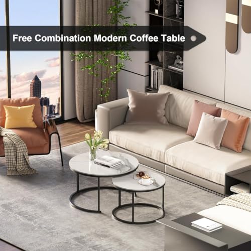 Zucng Nesting Tables Removable Set of 2 End Table, Round Coffee Tables with Gold Metal Frame Legs and Faux Marble Coffee Table Wooden for Living Room, Bedroom, Office, Balcony, Apartment (White)