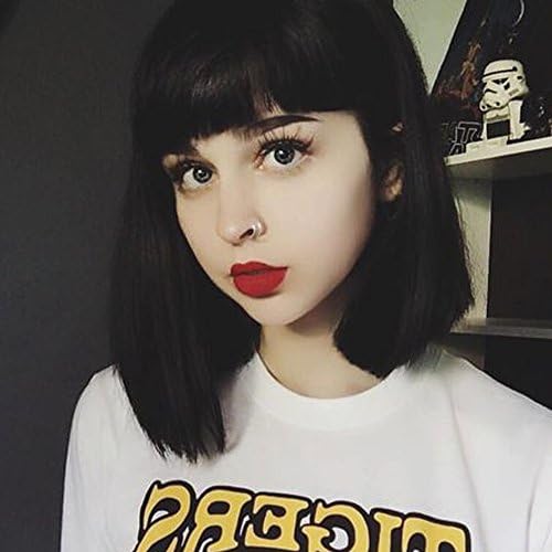 Short Bob Hair Wigs 13" Straight with Flat Bangs Synthetic Cosplay Daily Party Wig for Women Natural As Real Hair