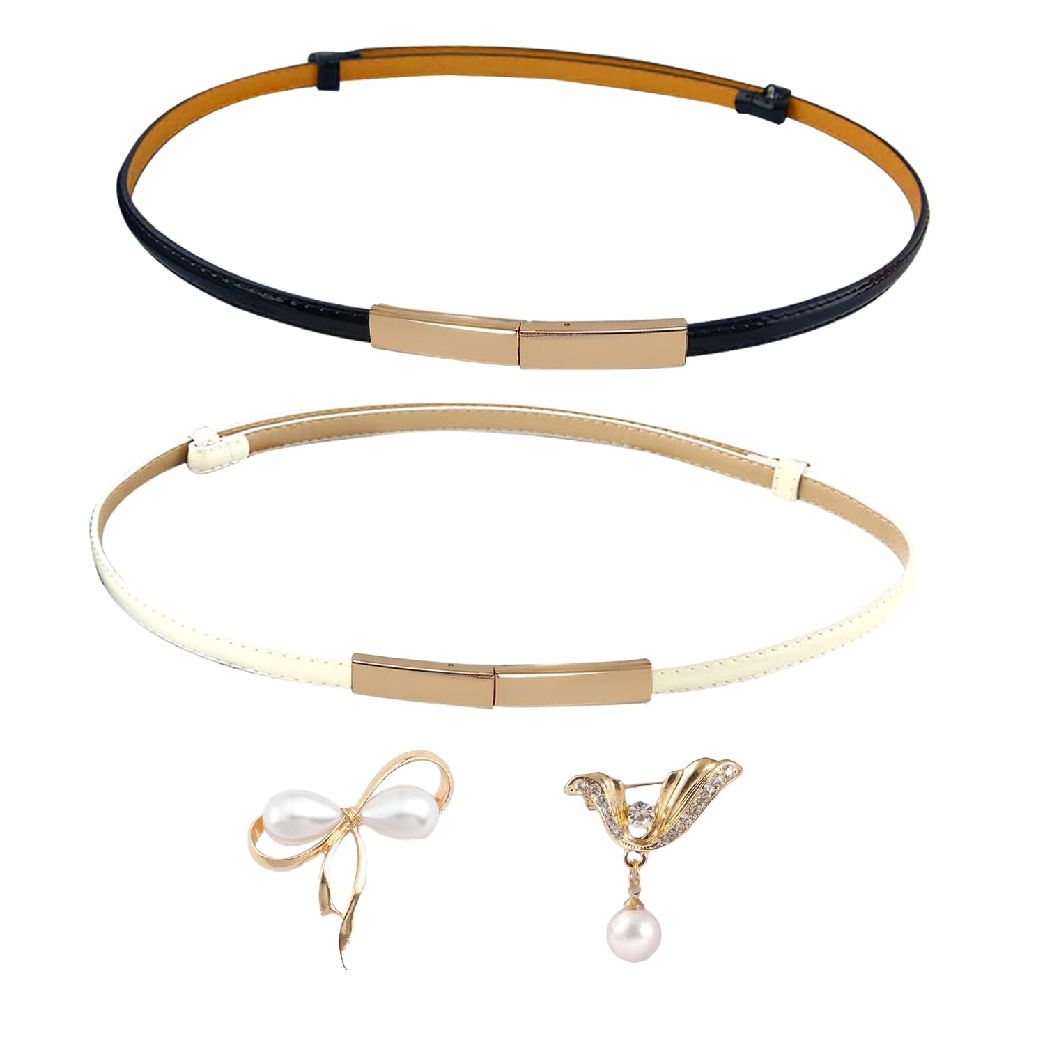 2 Pieces Leather Thin Belts with 2 Pieces Multipurpose Corsage Pins, Women's Slim Belt, Simple Vintage Belt for Dresses, Evening Gowns, Coats, Long Shirts (White, Black)