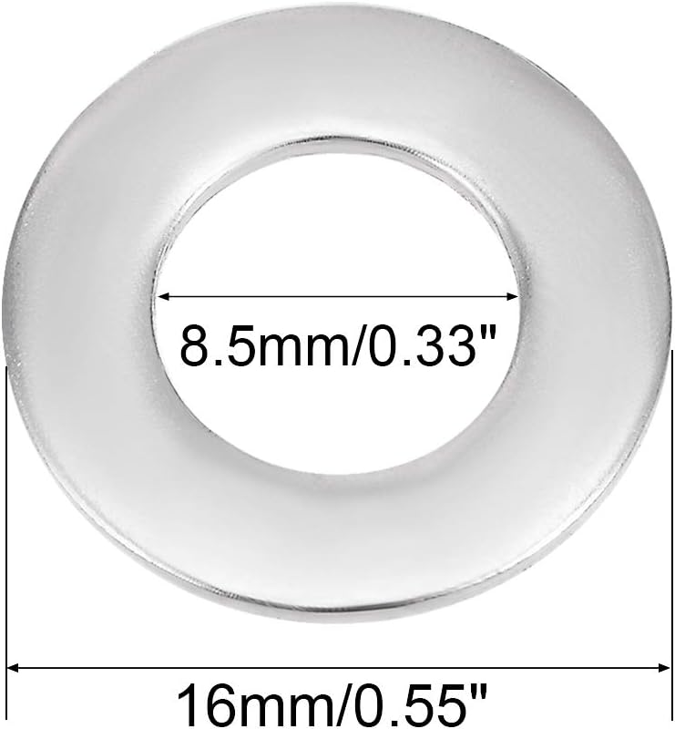 sourcing map 20 Pcs 8.5mm x 16mm x 0.8mm 304 Stainless Steel Flat Washer for Screw Bolt, 16mmx8.5mmx0.8mm - Image 4