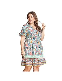 GMHO Vestido de mujer con estampado floral, talla grande, para verano, playa, mini vestido con cuello en V para fiesta