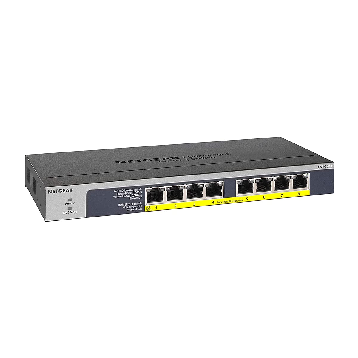 NETGEAR 8 Port PoE Switch (GS108PP) - 8 Port Gigabit Ethernet Switch with 8 x PoE+ 123W, Desktop, Wall Mount or Rackmount, and Limited Lifetime Protection