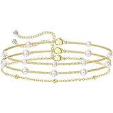 KNOWTODAY Pearl Bracelets for Women Dainty 14K Gold Plated Layered Pearl Bracelet Non Tarnish Satellite bracelet Adjustable Charm Jewelry Gifts for Wedding Bridesmaid
