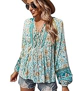 KAYWIDE Women's Casual Boho V Neck Top Loose Floral Printed Long Sleeve Beach Shirts Blouses