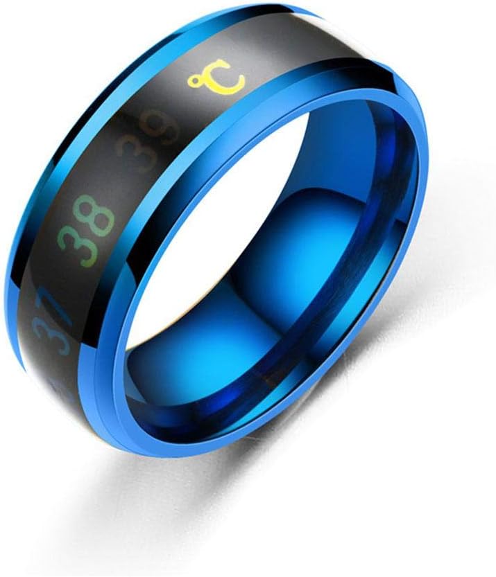Teepao Temperature Monitor Mood Rings, Digital Thermometer Body Temperature Sensor Smart Rings Wedding/Couple/Lovers Rings, Suitable Size Titanium Steel Wave Rings for Women & Men(Size6)