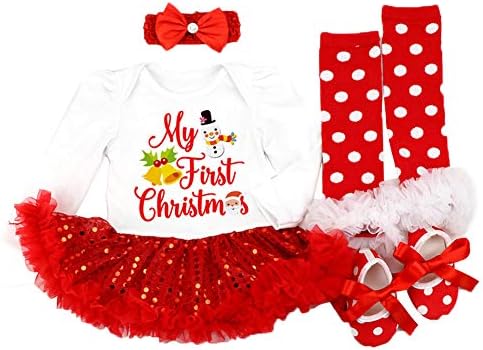 4Pcs Infant Baby Girl Christmas Outfit My First Christmas Romper Tutu Dress Leg Warmers Shoes Headband Set