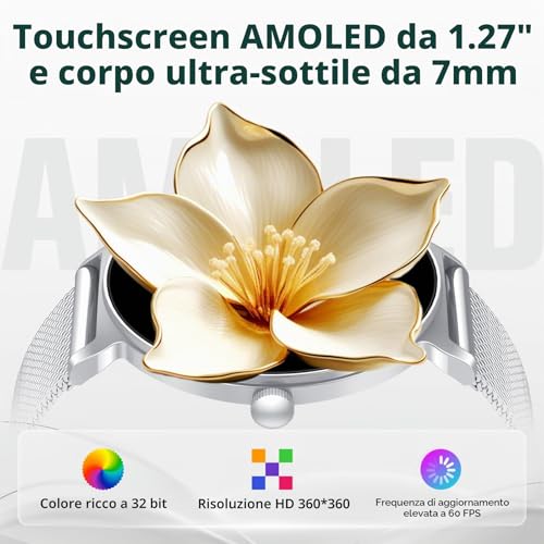 taopodo Women's Smartwatch Watch, AMOLED Round Screen, 1.27 Inches, Bluetooth Calls, Heart and Sleep Monitor, Women's Smart Watch, 120+ Sport Modes, IP68 Waterproof (Silver)
