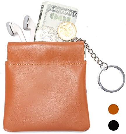 Leathereal Full Grain Leather Squeeze Coin Pouch Coin Purse Change Holder Key Holder Change Wallet with Key Chain