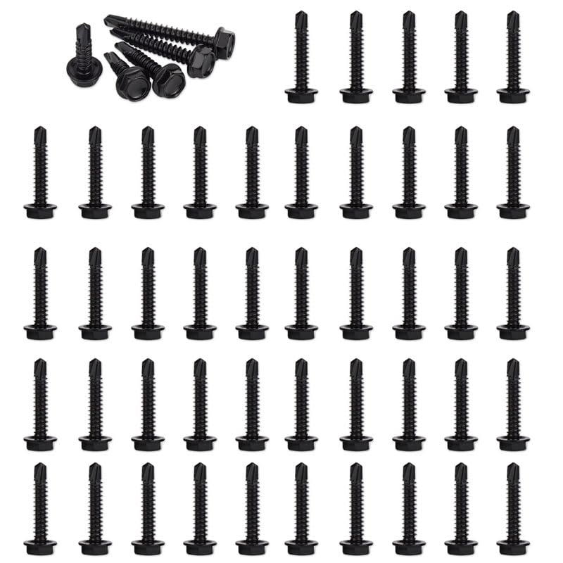 Black Self Drilling Screws M4.2 x 25 mm, Flanged Hex Washer Head, 410 Stainless Steel Screws, Self Tapping Fasteners Bolts for Plastic Wood Furniture Metal and Drywall, 50 Pcs
