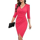IHOT Women's 2026 Sexy V Neck 3/4 Sleeve Faux Wrap Ruched Sheath Bodycon Party Cocktail Work Dress