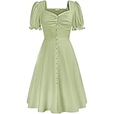 Belle Poque Women's 2024 Summer Puff Short Sleeve A-Line Satin Midi Dress 1950s Vintage Party Swing Dresses
