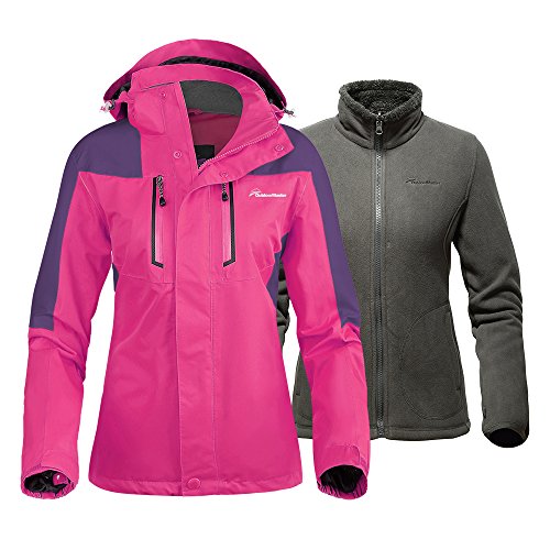 OutdoorMaster Womens' 3-in-1 Ski Jacket - Winter Jacket Set with Fleece Liner Jacket & Hooded Waterproof Shell - for Women (Pink,L)