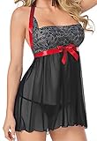 BeautyIn Womens Lace Babydoll Lingerie Sexy Chemise Sleepwear with G String Set, Black#1(Fulfilled by Amazon), XXX-Large