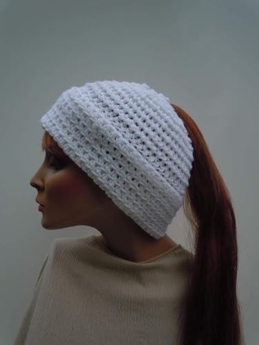 Amazon Com Sale Ponytail Hat Messy Bun Hat Bright White Hat Hat For Long Hair Winter Beanie White Messy Bun Hat Cold Weather Hat Handmade
