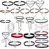 Tpocean 25pcs Black Velvet Multilayer Boho Long Lace-up Colorful Choker Necklaces with Pendant Stretch Plus Size Adjustable sets for Women Girls