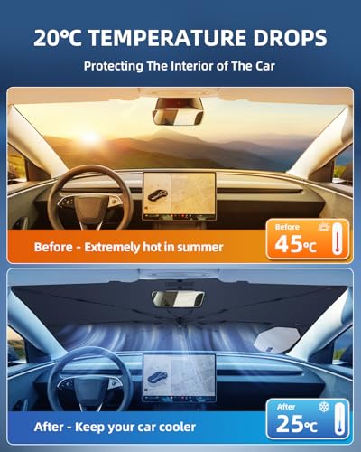 LANGBEAN [Enhanced] Sun Shade for Tesla Model Y / 3 2021-2026, Foldable Car Sun Shade Blocks UV Rays & Heat, Easy to Install & Fold Sun Protection