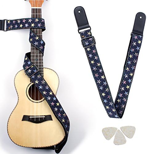 Easeicon Hootenanny Style [Star in Night Sky] Adjustable Ukulele Strap [Extra Comfortable Design] UKE Belt + 3 Felt Picks - Ideal for Hawaiian Ukelele(Baritone Tenor Concert Soprano) - Black