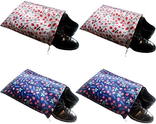 FashionBoutique waterproof Nylon shoe bags- Set of 4 travel friends (15.1"(L) x12.2(W), 2 Blue(Cherry and Strawberry) + 2 Grey(Cherry and Strawberry))