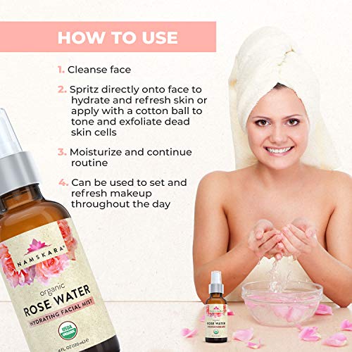USDA Organic Rose Water Facial Toner Astringent - Anti Aging Hydrating Primer & Makeup Face Setting Spray Mist From Fresh Moroccan Rose Petal Water - 100% Natural Cleanser For Glowing Skin