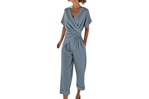 2 Piece Women Linen Sets Elegant Wrap Pleated Short Sleeve V-Neck Shirts Outfits with Capri Pants Summer Clothes