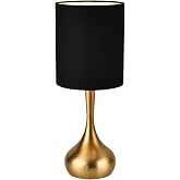 KUNJOULAM Modern Table Lamp, 17.3" Small Desk Light with Brass Metal Droplet Base, Black Cylinder Linen Drum Shade, Nightstand Lamp for Bedroom Living Room Nightstand Office