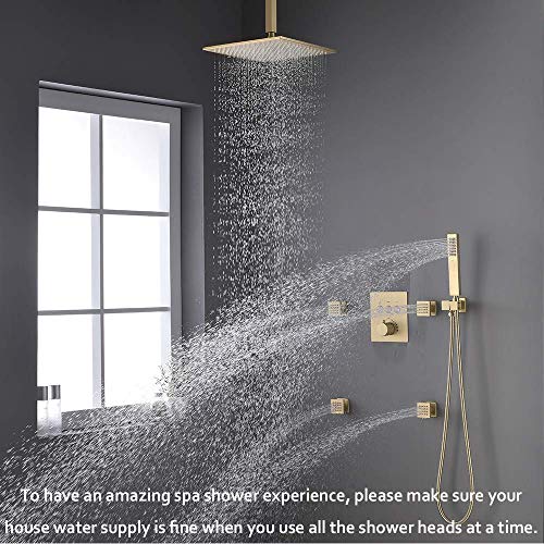 Brushed Nickel Gold Brass Shower System with Body Spray, Thermostatic 12inch Ceiling Rain Shower Heads Bathroom Faucet Mixer Set (Allows Multiple Heads to Function At a Time)