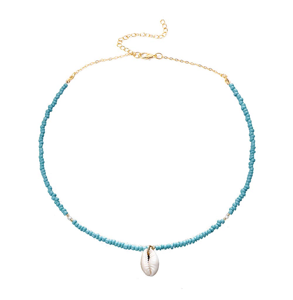 Yakiki Trendy Bohemia Nature Shell Pendant Turquoise Beaded Chain Conch Choker Simple Necklace for Women