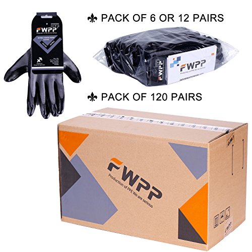 FWPP Black Nitrile Coated Work Gloves,Nylon Breathable Light Weight Garden Gloves for Men and Women,Antistatic Skin Flexible Safety Gloves,Pack of 6Pairs Large