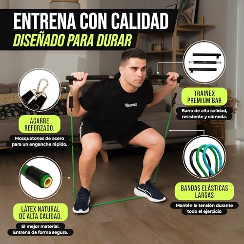 Bandas Elásticas com Barra | Elásticos de resistência até 100 kg | Kit Completo de Treino em Casa | TRAINEX