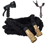 100 Foot Black Expandable Garden Hose, Strongest, Stainless Steel Holder (pat pend.), Brass Fittings with Strain Reliever, Rugged Nylon Fabric, Double Latex Core, 8 Way Sprayer
