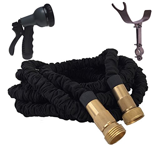100 Foot Black Expandable Garden Hose, Strongest, Stainless Steel Holder (pat pend.), Brass Fittings with Strain Reliever, Rugged Nylon Fabric, Double Latex Core, 8 Way Sprayer