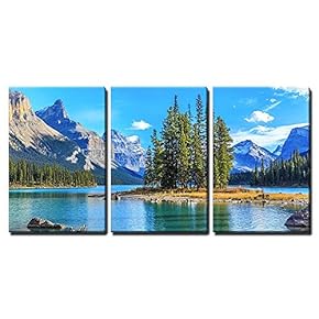 3 Piece Canvas Wall Art - Spirit Island in Maligne Lake - Modern Home Art Stretched and Framed Ready to Hang - 16"x24"x3 Panels