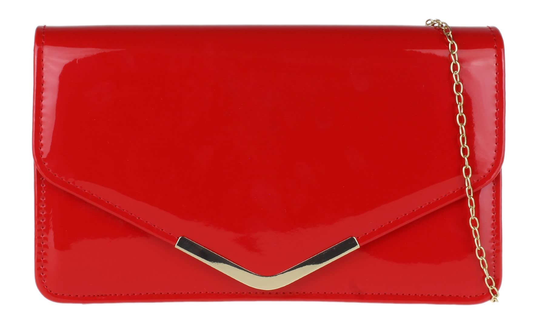 Girly Handbags Womens Beautiful Patent Faux Leather Metallic Frame Envelope Clutch Bag - Red