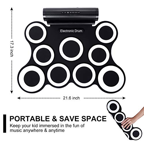 Electronic Drum Set, Christmas Gifts for Kids 9 Pads Roll Up Drum Kit Practice Pad Midi Drum Kit with Headphone Jack, Built in Speaker and Rechargeable Battery, Drum Stick, Foot Pedals.