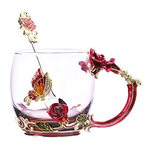 Glass Tea Cup Coffee Mugs & Gifts for Women with Spoon Beautiful Rose