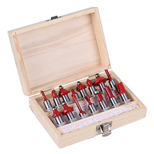 CNBTR 1/2" Red Shank Carbide Steel Router Bit Set Woodworking Cutter Trimming with Wood Case Box Pack of 15