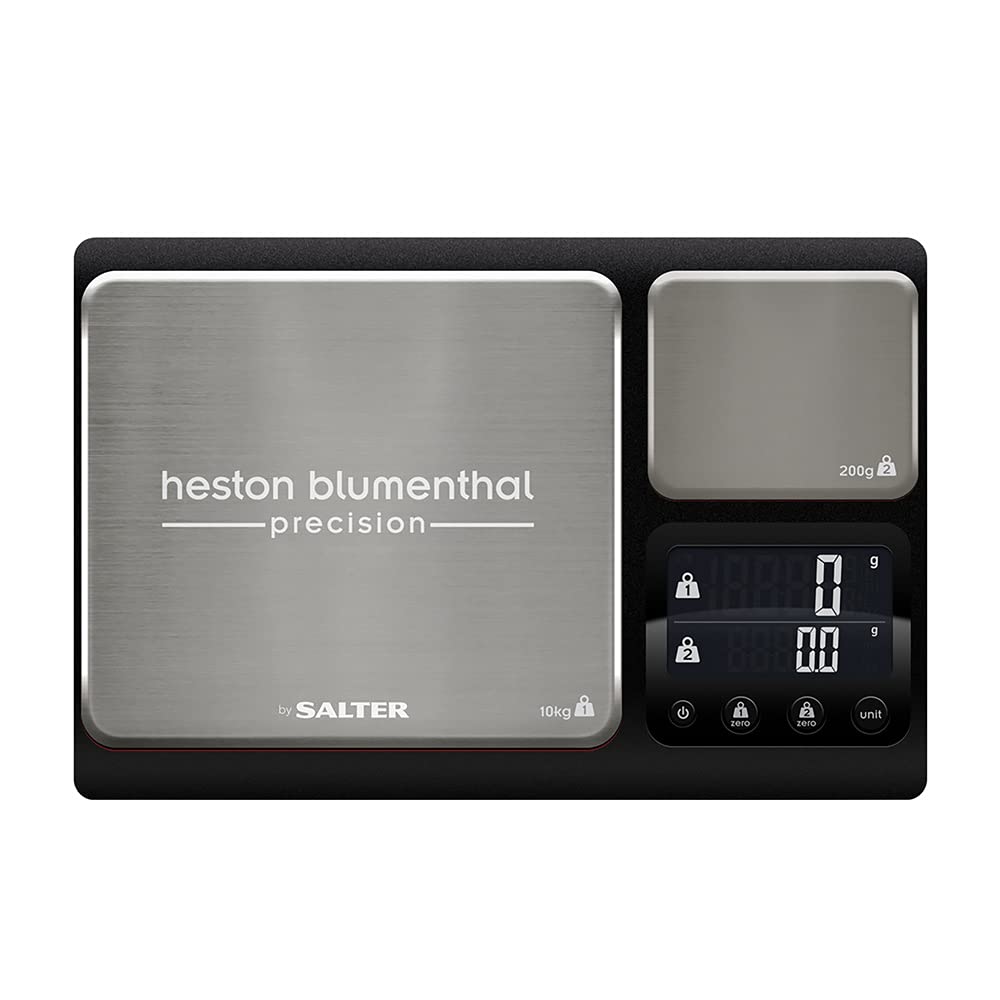 Heston Blumenthal Precision by Salter 1049A HBBKDR Digital Kitchen Scale – Dual Electronic Baking Scale, Large 10kg Platform, Small 200g Precision Platform, Add & Weigh Tare Function, Stainless Steel