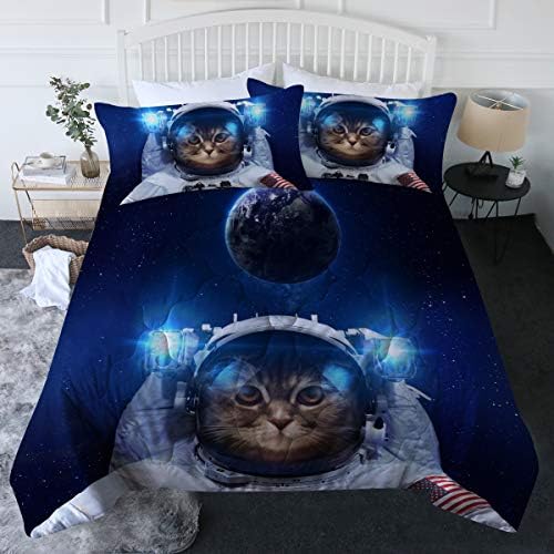 BlessLiving 3 Piece Astronaut Cat Comforter Set with Pillow Shams Funny Space Cat Bedding Set with 3D Printed Designs Reversible Comforter King Size Duvet Sets, Blue Galaxy