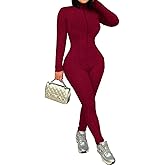 XYZDRESSOR Women Sexy Long Sleeve Ribbed Jumpsuit Zip Up Front Solid Color Workout Club Bodycon Outfits
