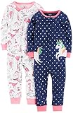 Carter's Baby Girls' 2-Pack Cotton Footless Pajamas, Unicorn/Dino, 12 Months