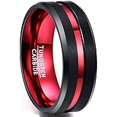 NUNCAD 8mm Men's Tungsten Rings Black Red/Blue/Rose Gold Grooved Center Matte Finish Wedding Band Polished Beveled Edges Size 4 to 16